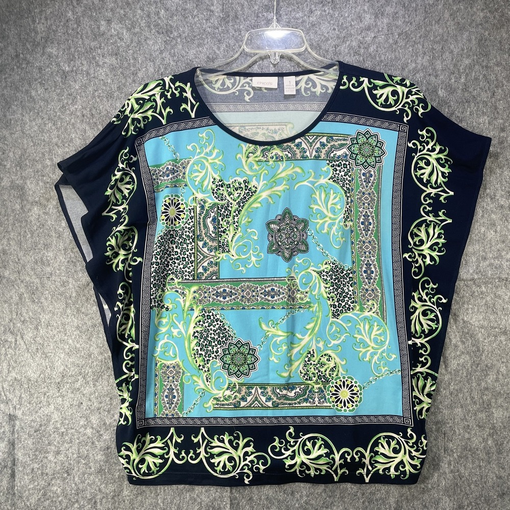 Chicos Shirt Womens 1 Blue Green Scroll Print Relaxed Batwing Top Boho Polyester